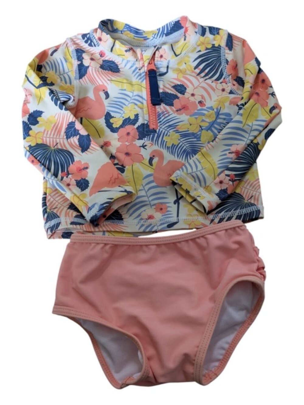 RuffleButts Tropical Flamingo Long Sleeve Zipper Rash Guard Bikini Size 18/24m